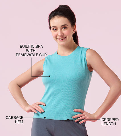 Enamor E310 Women Cotton Slim Fit Rib Crop Top with In-Built Shelf Bra with Comfort & Support - Marine Blue