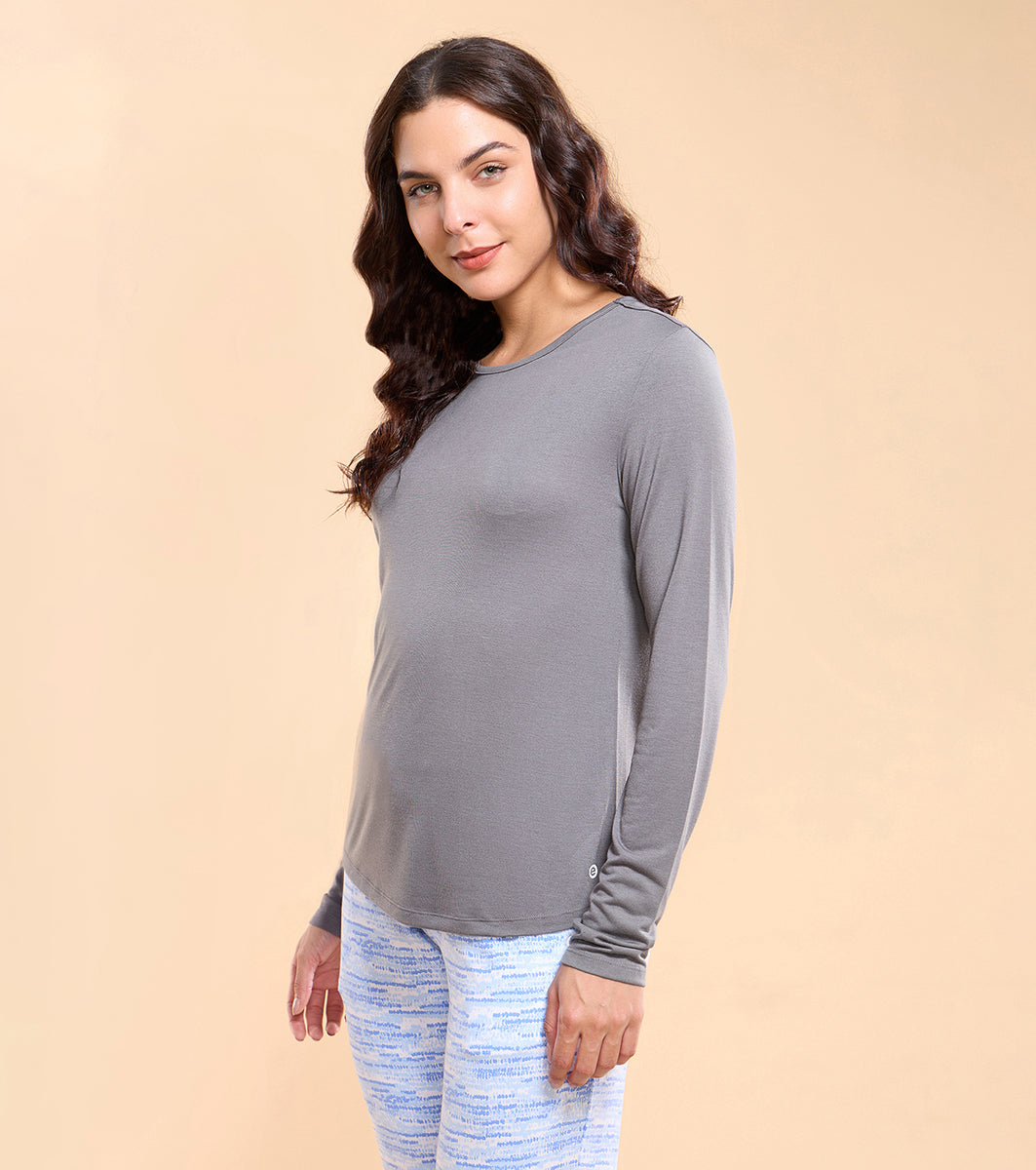 Enamor E309 Cozy Tee Viscose Scoop Neck Long Sleeves T-Shirt with Relaxed Fit