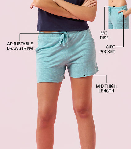 Enamor E062 Women Basic Shorts - Mid-Thigh Length Jersey Shorts With Pockets - Marine Blue