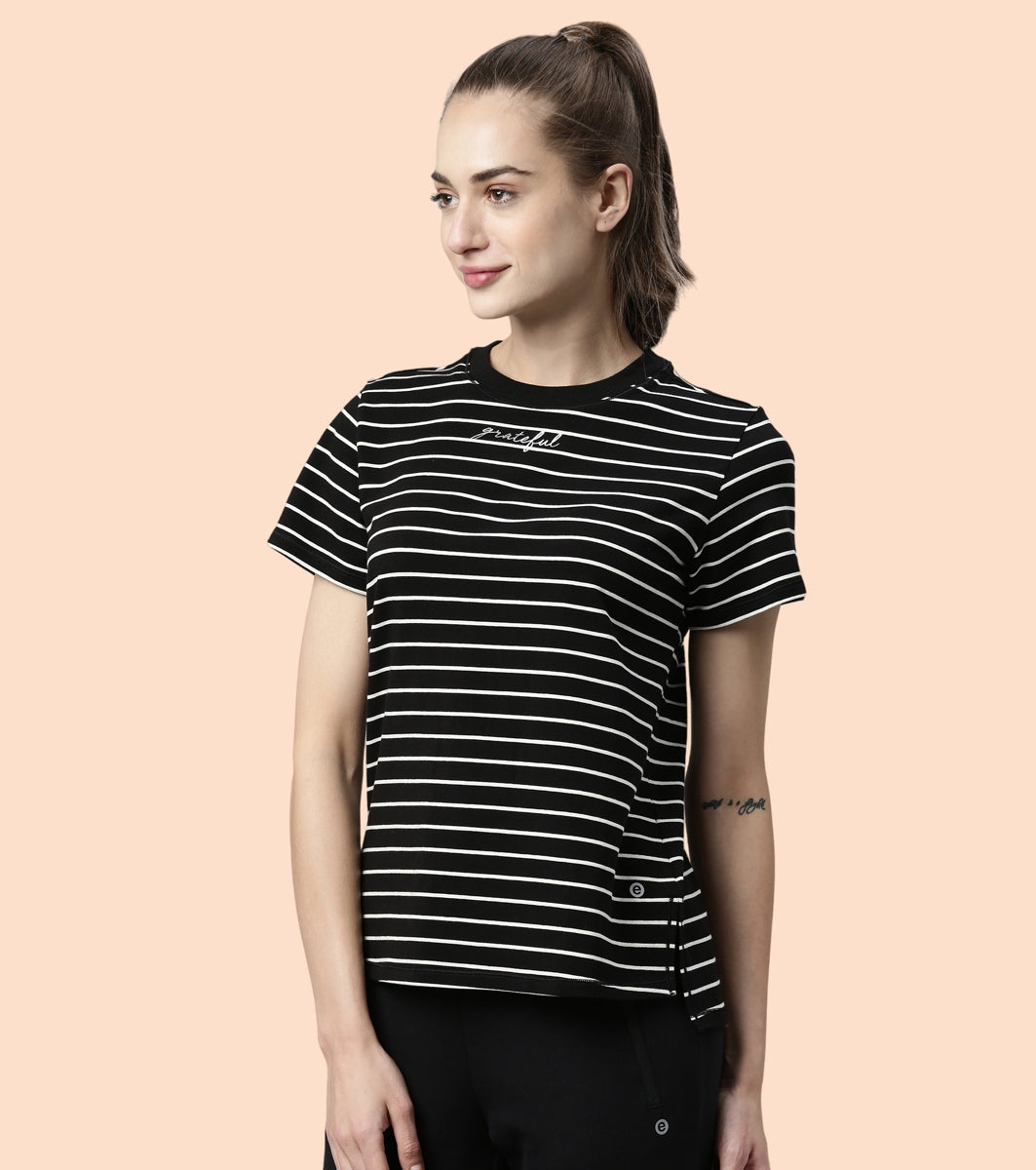 Active Cotton Tee -Stripes | Yarn Dyed Stripe Short Sleeve Anti-Odour Cotton Tee With Graphic