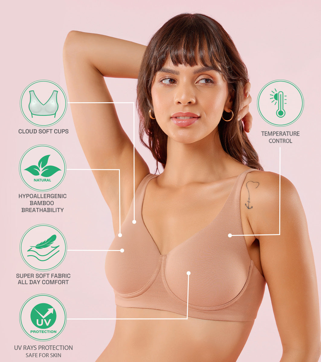 Enamor IO05 Padded Wire-Free High Coverage Bamboo Cotton T-Shirt Bra - Honey Beige