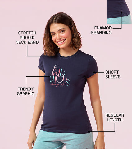 Enamor E147 Short Sleeve Crew Neck Stretch Cotton T-Shirt with Graphic Print - Navy Fabulous