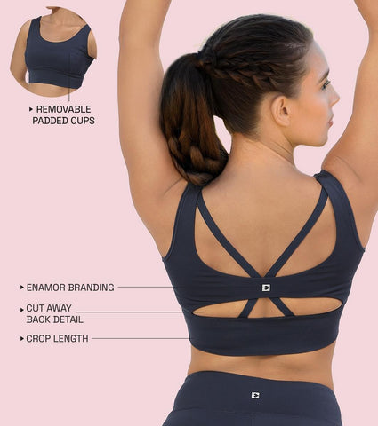 Enamor A206 Women's Criss Cross High Impact Long Line Sports Bra - High Support, Padded, High Coverage, Non-Wired - Navy