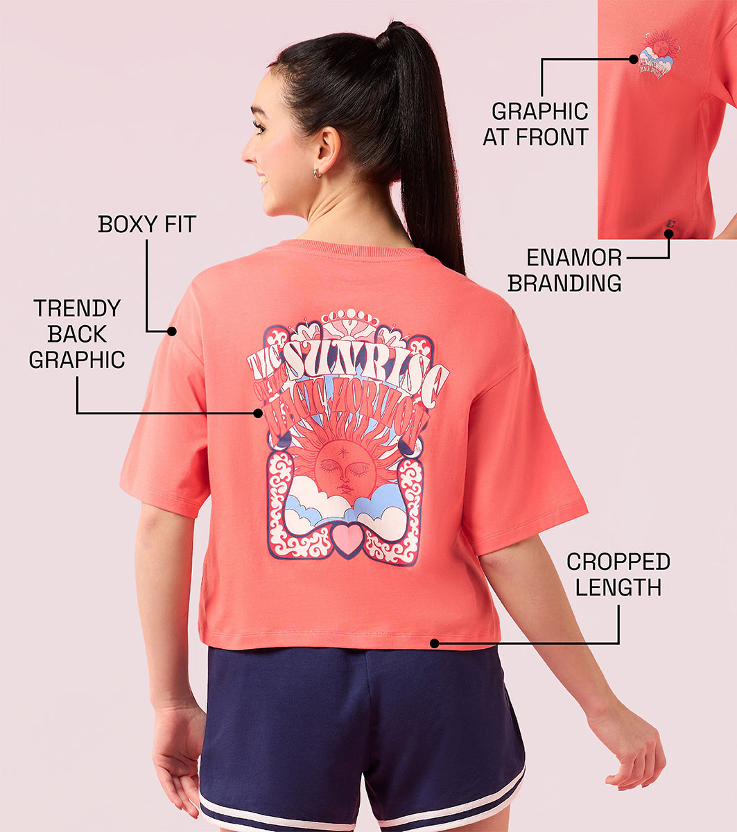 Enamor E3G5 Oversized Fit Square Crew Neck Cotton T-Shirt with Stylish Graphic Design - Coralpink Sunrise