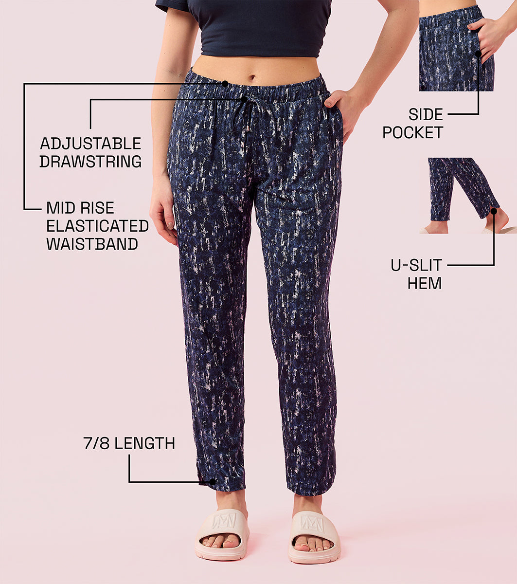 Enamor E048 Tapered Lounge Pants with Drawstring Details with Metal Ends - Navy Abstract Allure Prt