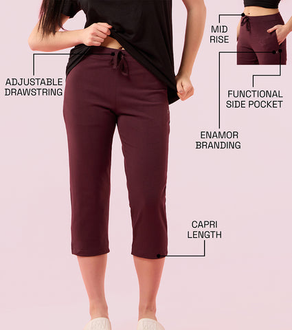 Enamor E018 Women's Mid Rise Slim Fit Stretch Cotton Lounge Capri - Choco Fudge