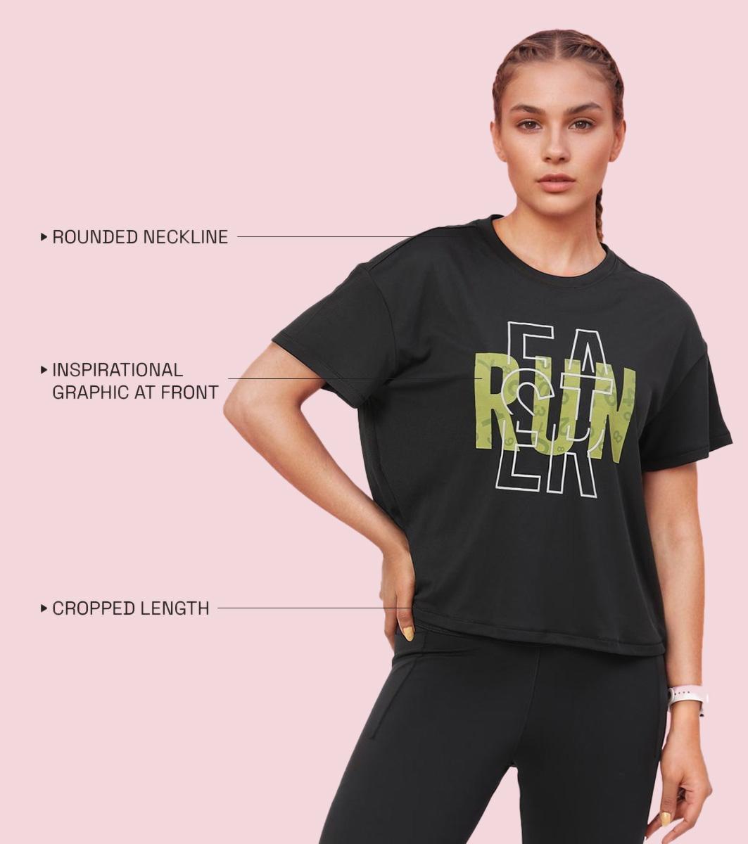 Enamor A311 Typographic Printed Drop Shoulder Sleeves Relaxed Fit Crop T-shirt - Jetblk-Run Faster