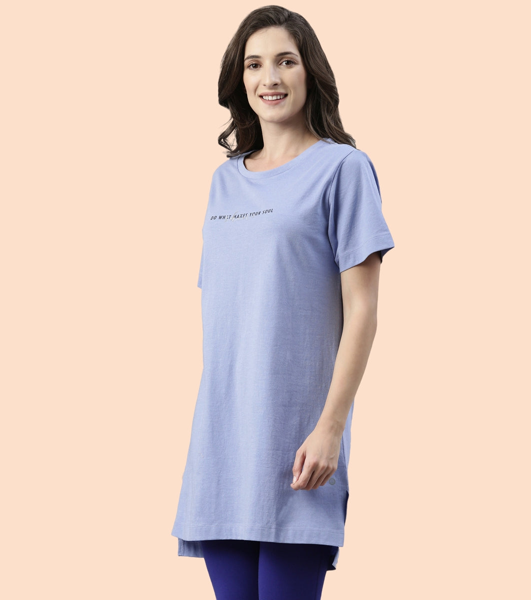 Tunic Tee – Solid | Short Sleeve Tunic Tee With Side Slit & Mindful Graphic