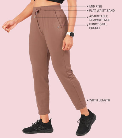 Enamor E068 Women Antimicrobial Mid Rise Relaxed Fit Active Travel Pants - Nutmeg