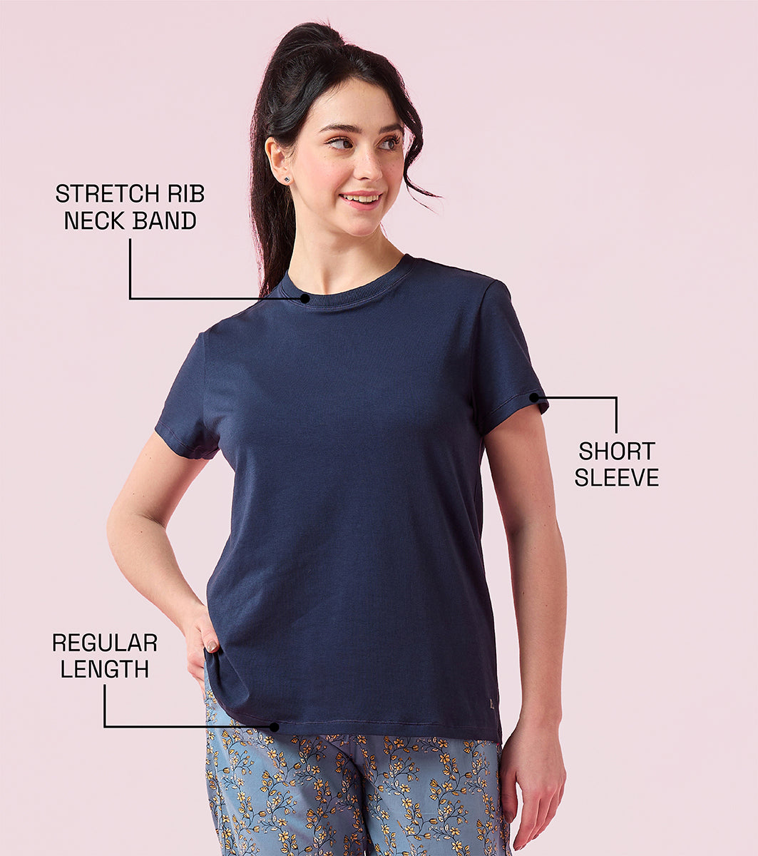 Enamor E311 Women Relaxed Fit Crew Neck Basic Stretch Cotton T-Shirt - Navy