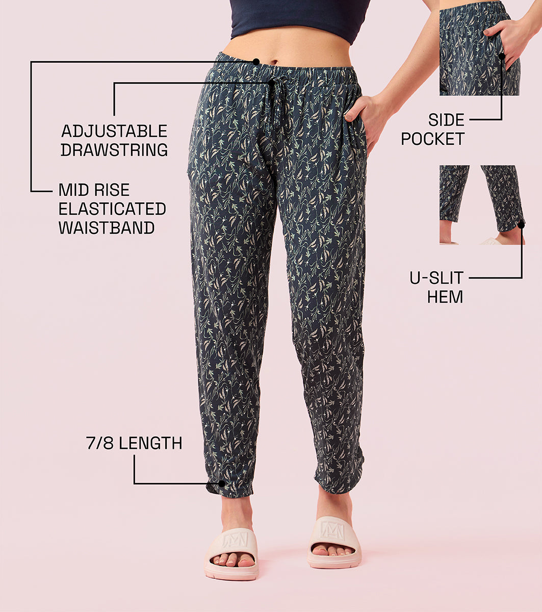 Enamor E048 Tapered Lounge Pants with Drawstring Details with Metal Ends - Clound Grey Petal Prt