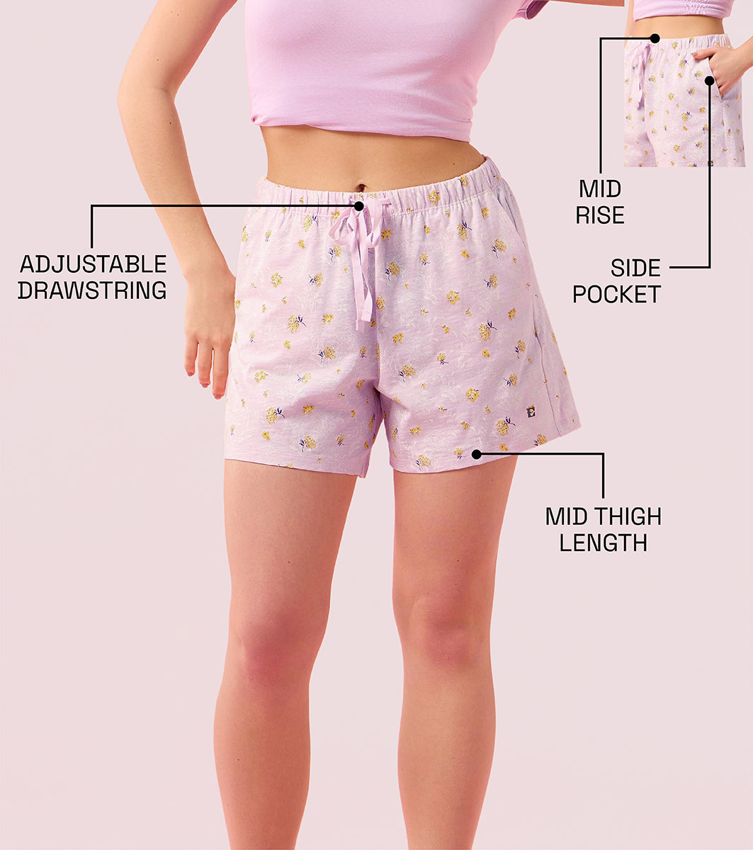 Enamor E062 Women Basic Shorts - Mid-Thigh Length Jersey Shorts With Pockets - Lavender Flower Bloom Prt