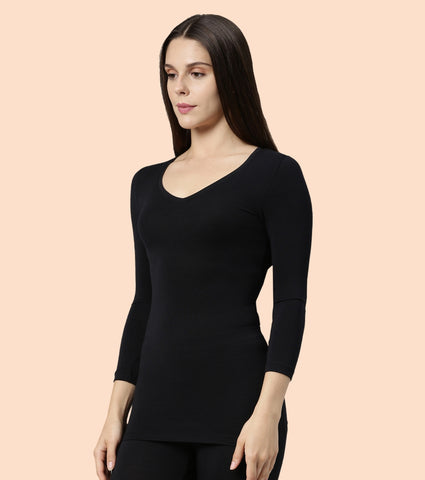 Thermals V-Neck 3/4th Sleeve Top With Sweat Wicking And Antimicrobial Finish