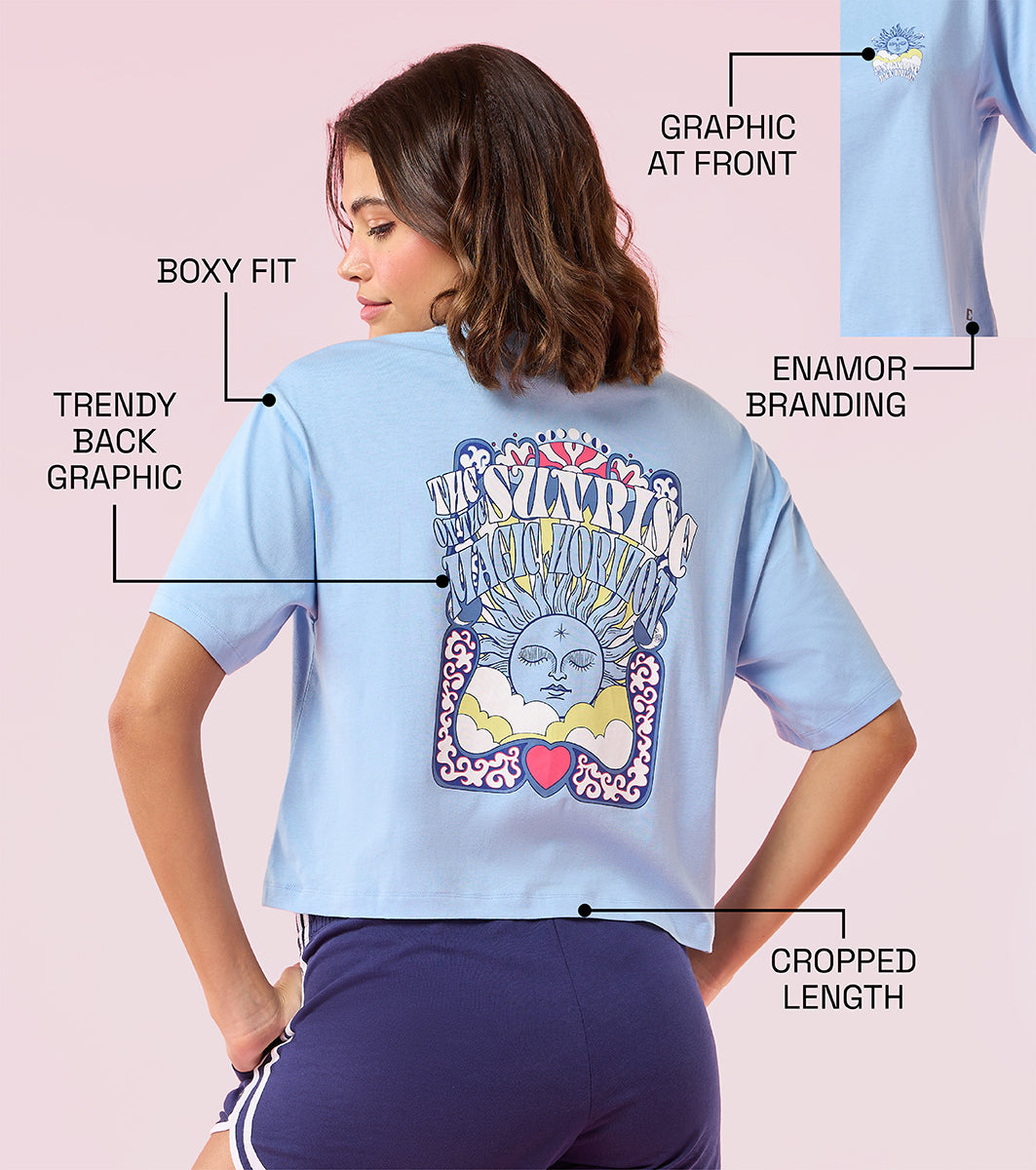 Enamor E3G5 Oversized Fit Square Crew Neck Cotton T-Shirt with Stylish Graphic Design - Bluebell Sunrise