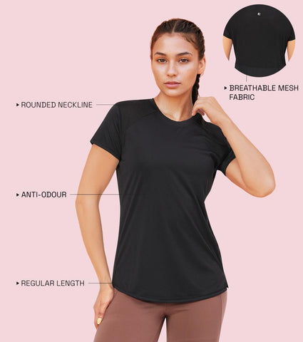 Enamor A313 Women Active Panel Quick Dry Relaxed Fit, Regular Length Workout T-Shirt - Jet Black