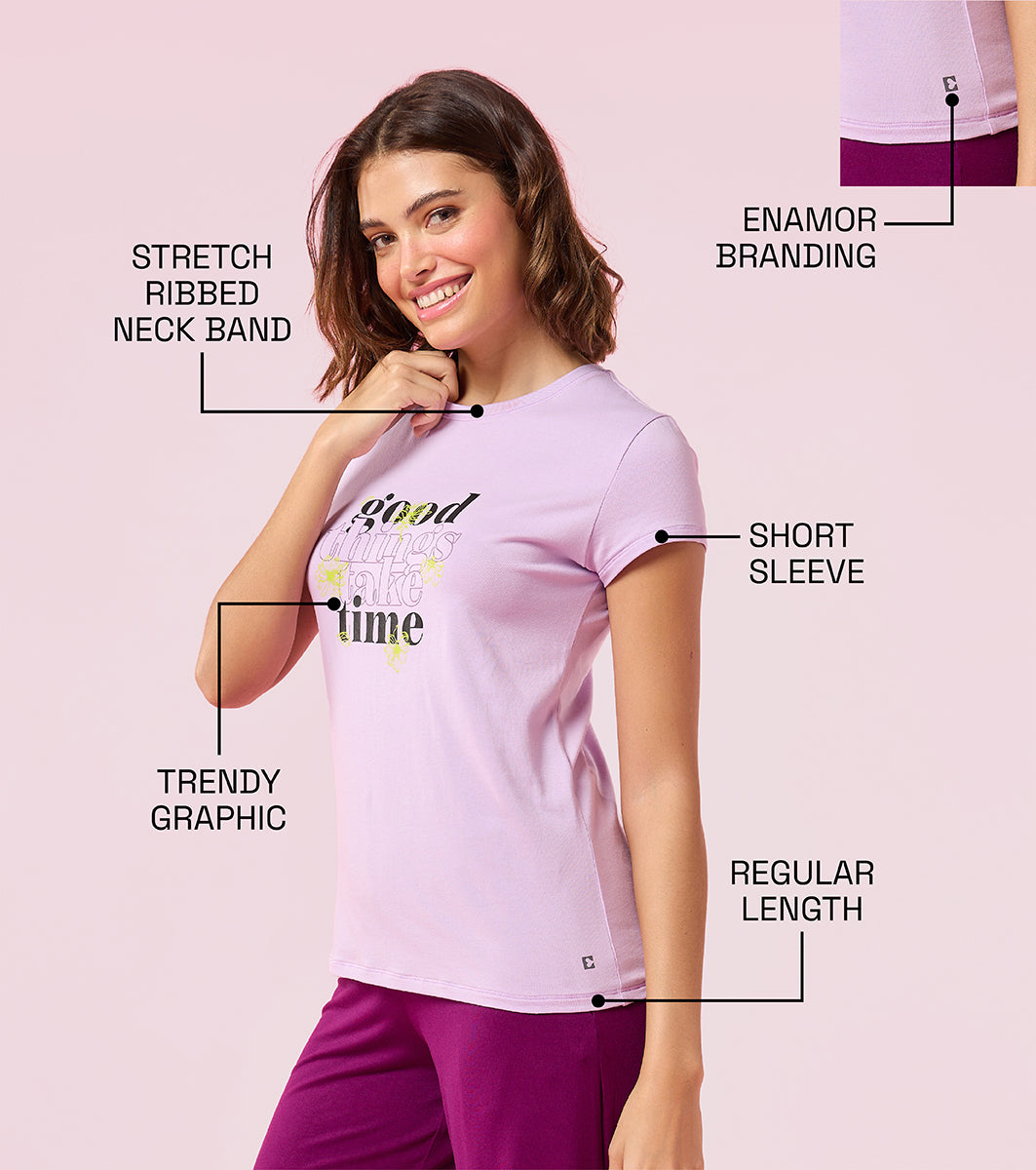 Enamor E147 Short Sleeve Crew Neck Stretch Cotton T-Shirt with Graphic Print - Orchid Bloom Good Things