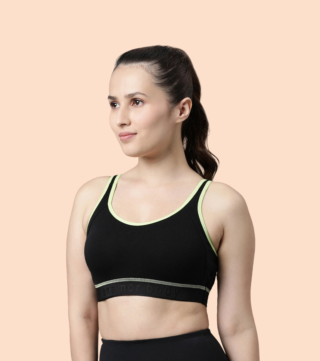 Enamor Agion SB28 Antimicrobial Side Shaper Active Sports Bra for Women - Non Padded, Wirefree and High Coverage - Black