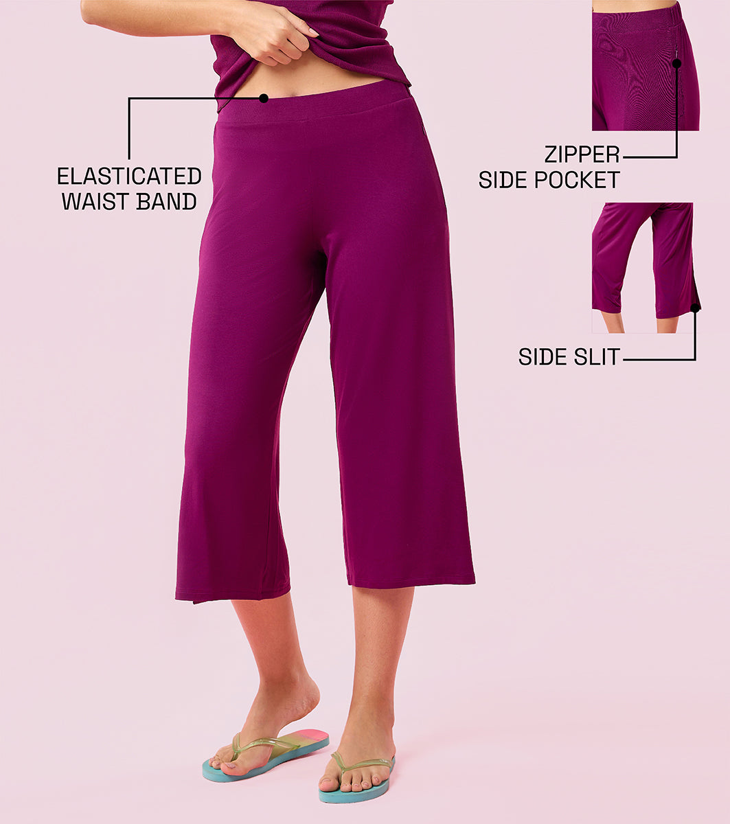 Enamor Essentials E064 Shop In Culotte | Crop Length Culotte With Smart Side Slits - Dark Purple