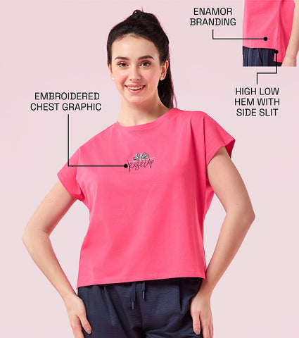 Enamor E3G7 Women Dolman Sleeve Crew Neck Cotton T-Shirt with Embroidered Graphic - Raspberry Rise Up