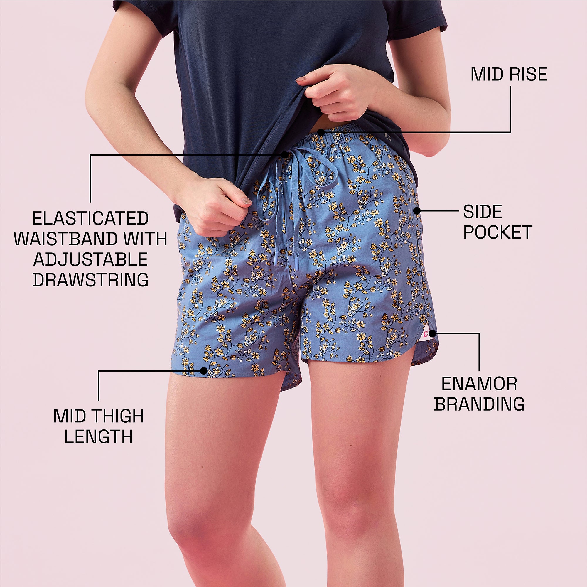 Enamor E7A1 Combed Cotton Printed Mid-Rise Relaxed Fit Hangout Shorts - Vintage Bloom Print