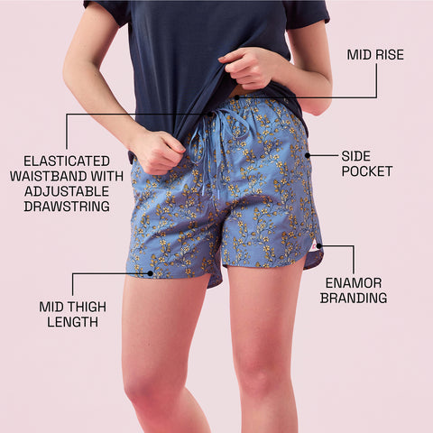 Enamor E7A1 Combed Cotton Printed Mid-Rise Relaxed Fit Hangout Shorts - Vintage Bloom Print