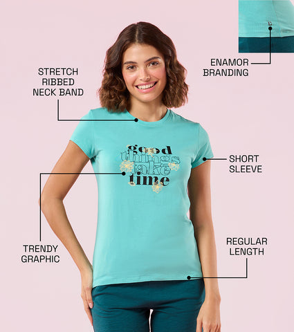 Enamor E147 Short Sleeve Crew Neck Stretch Cotton T-Shirt with Graphic Print - Poolblue Good Things