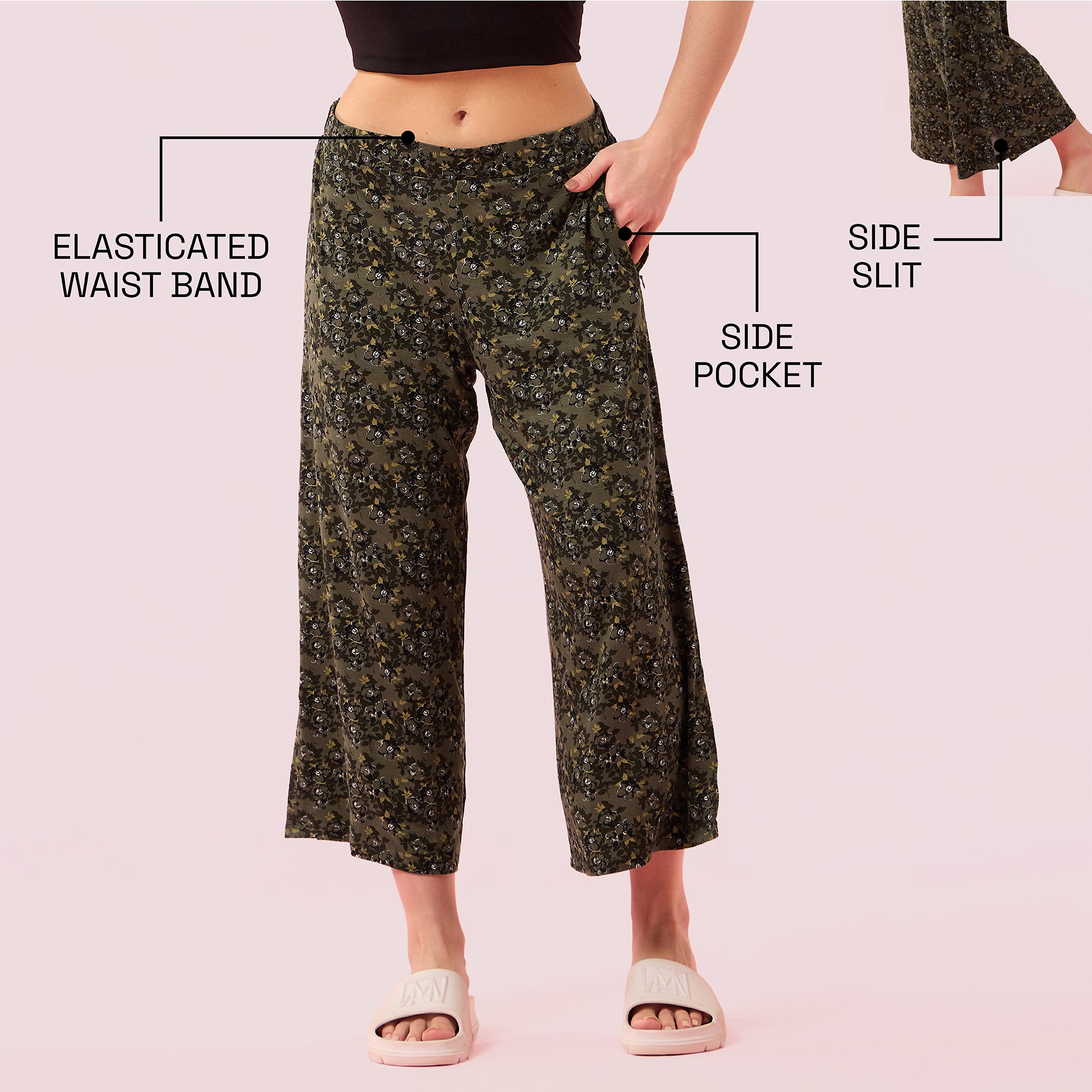 Enamor Essentials EA64 Shop In Culotte | Crop Length Culotte With Smart Side Slits - Olive Floral