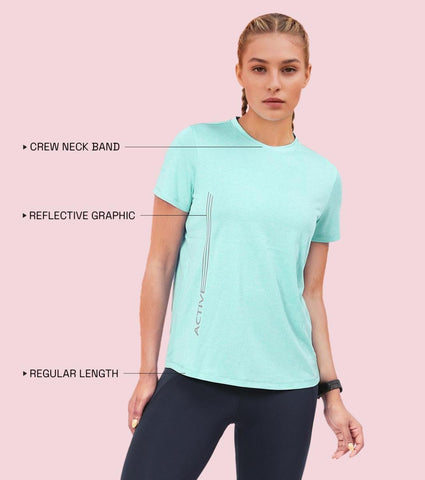 Enamor A309 Women Basic Workout Relaxed Fit Crew Neck Short Sleeve Tee with Reflective Active Graphic - Pool Blue Mel