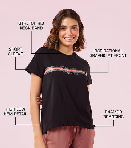 Enamor E3S5 Women Crew Neck Striped Stretch Cotton High-Low T-Shirt - Jet Black/ Red Strips