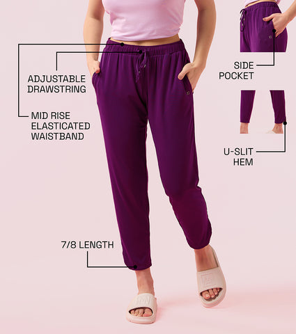 Enamor E048 Tapered Lounge Pants with Drawstring Details with Metal Ends - Dark Purple