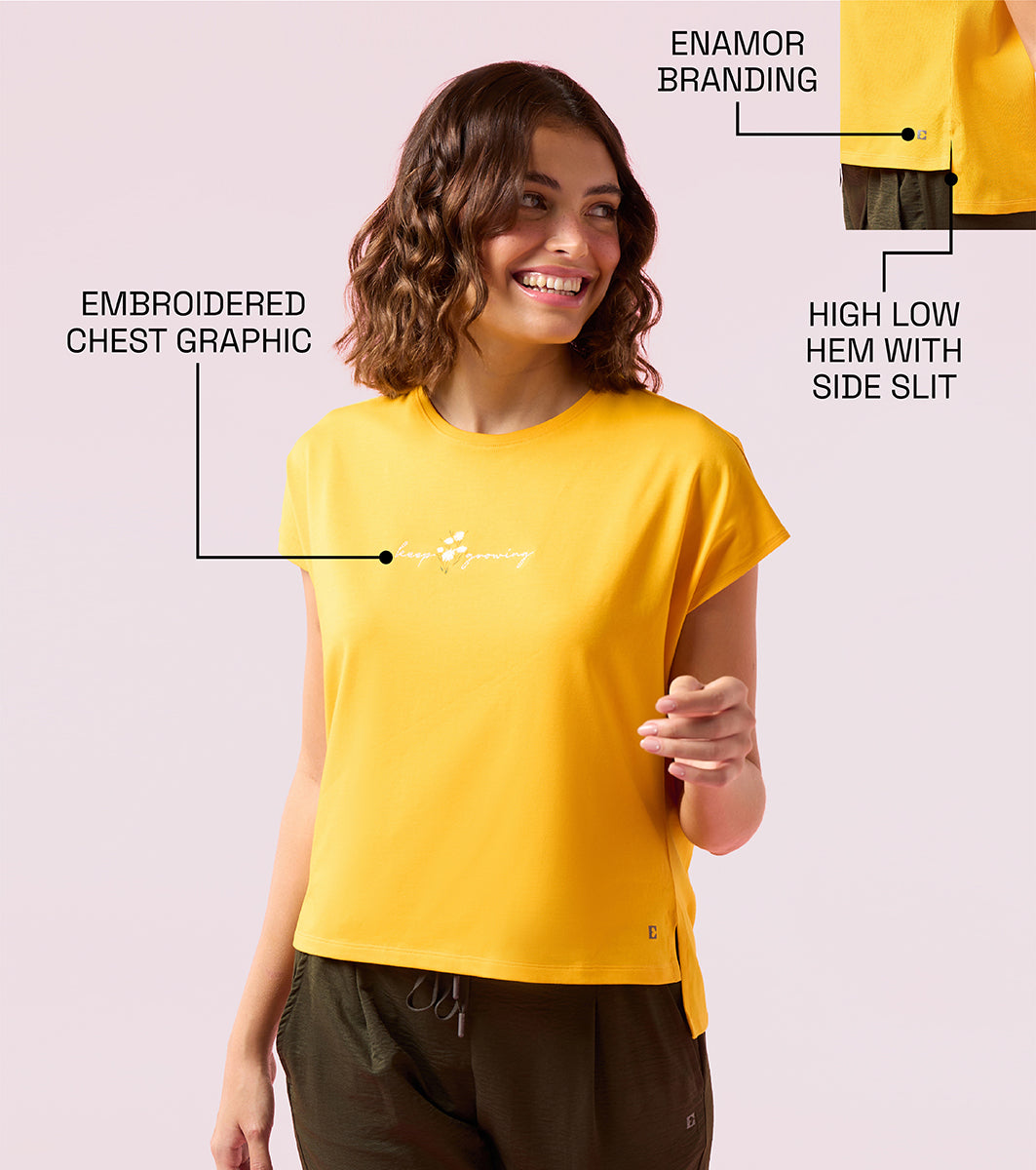 Enamor E3G7 Women Dolman Sleeve Crew Neck Cotton T-Shirt with Embroidered Graphic - Saffron Keep Growing