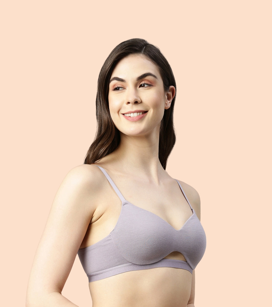 Enamor CloudSoft A032 Invisible Neckline Cotton T-shirt Bra for Women- Medium Coverage, Padded and Wirefree - Silver Lilac