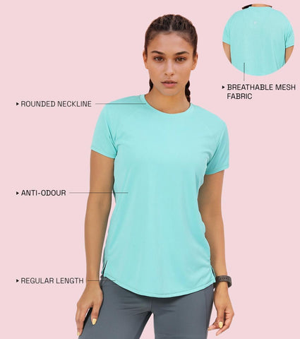 Enamor A313 Women Active Panel Quick Dry Relaxed Fit, Regular Length Workout T-Shirt - Pool Blue