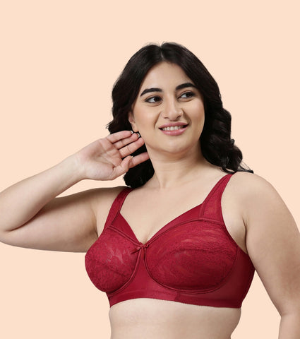 Enamor Full Support Classic Lace Lift Bra For Women - Non-Padded, Non-Wired, High Coverage Bra With Top Panel Support | FB06 | Masai