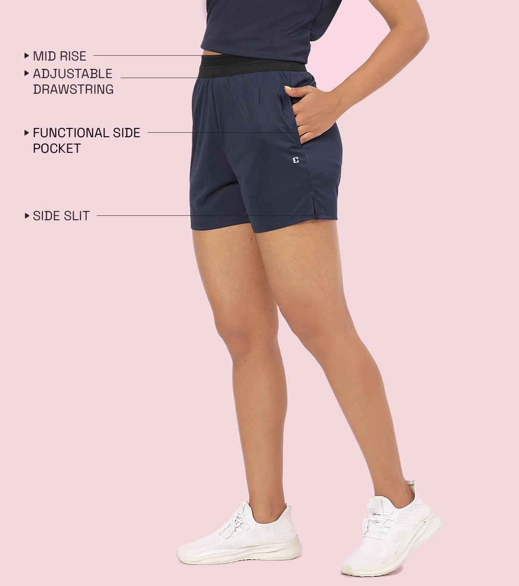 Enamor A714 Women's Kool Poly Quick Dry Training Shorts with In-Built Inner Tights - Navy