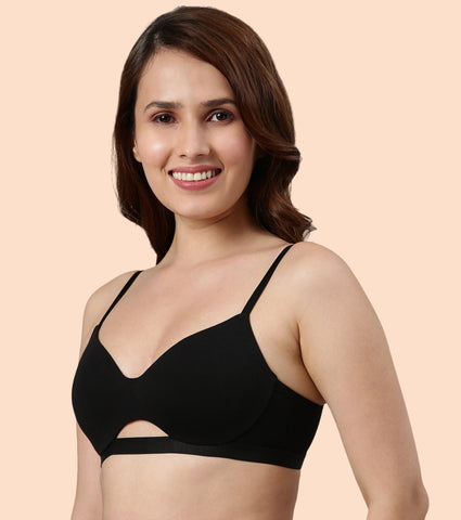 Enamor CloudSoft A032 Invisible Neckline Cotton T-shirt Bra for Women- Medium Coverage, Padded and Wirefree - Black