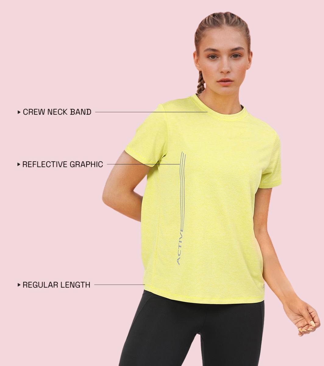 Enamor A309 Women Basic Workout Relaxed Fit Crew Neck Short Sleeve Tee with Reflective Active Graphic - Cyber Lime Mel