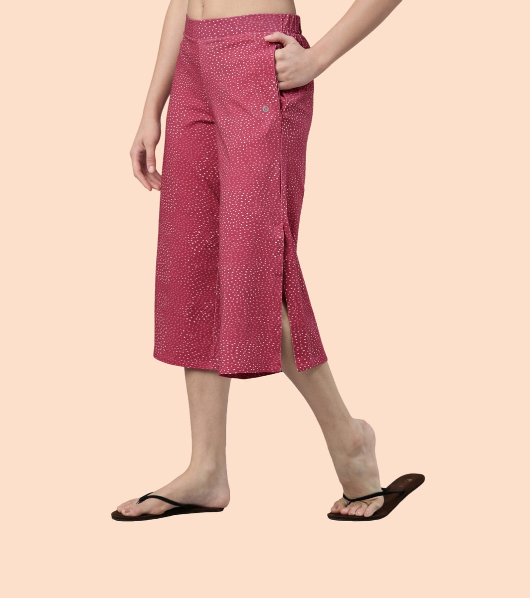 Enamor Culotte Pants For Women | Crop Length Culottes With Smart Side Slits | Black Pixie Aop