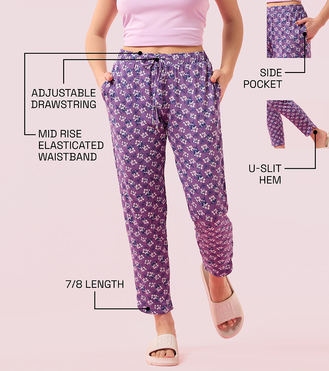 Enamor E048 Tapered Lounge Pants with Drawstring Details with Metal Ends - Chalky Violet Flower Prt