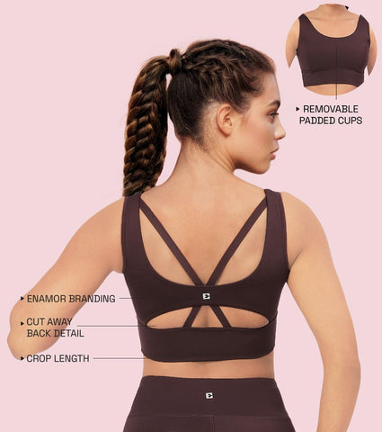 Enamor A206 Women's Criss Cross High Impact Long Line Sports Bra - High Support, Padded, High Coverage, Non-Wired - Choco Fudge