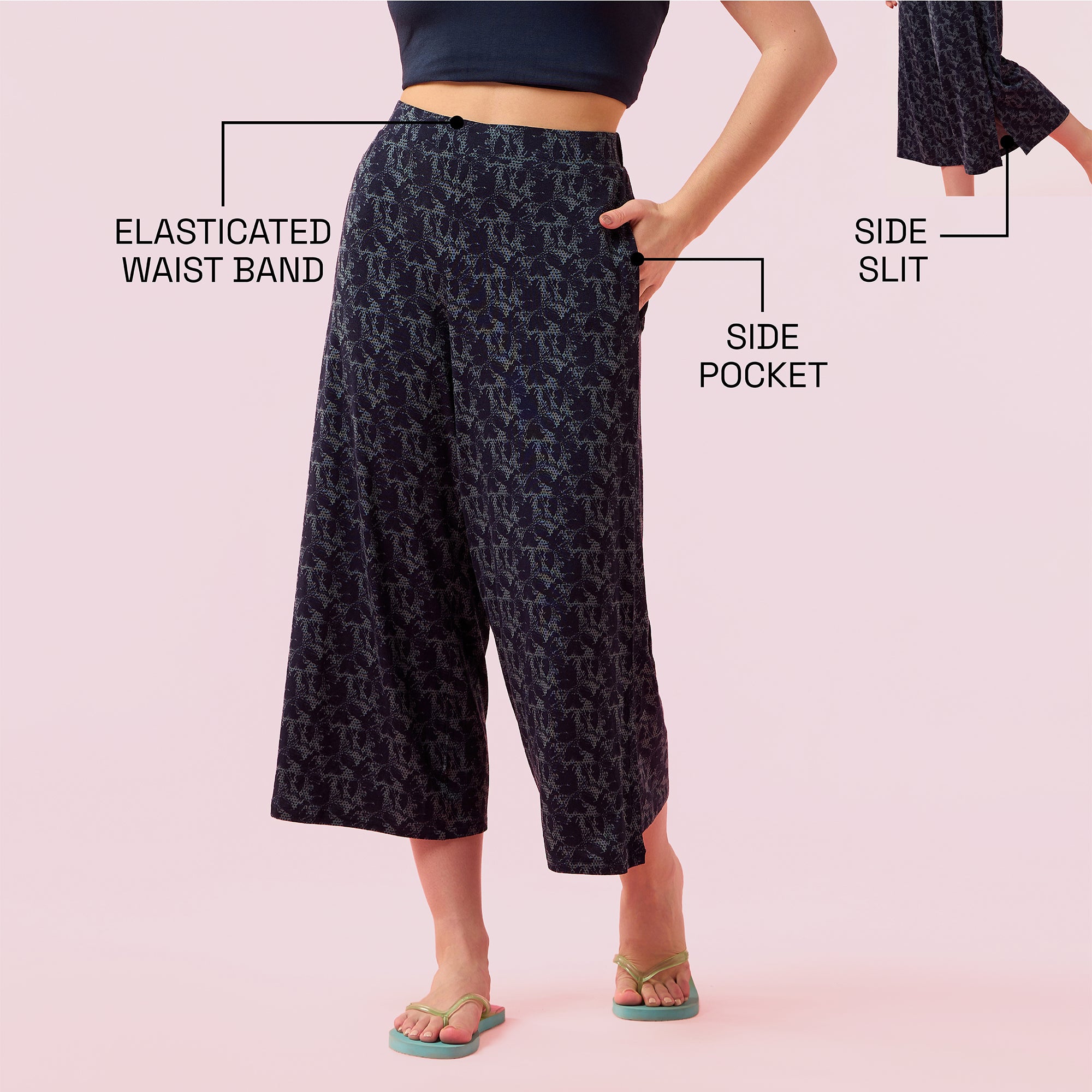 Enamor Essentials EA64 Shop In Culotte | Crop Length Culotte With Smart Side Slits - Navy Abstract