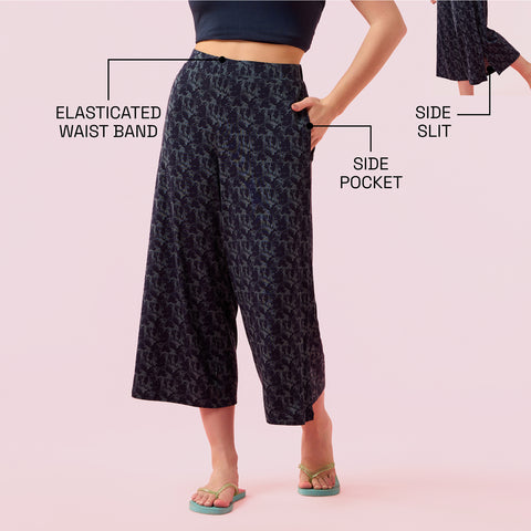 Enamor Essentials EA64 Shop In Culotte | Crop Length Culotte With Smart Side Slits - Navy Abstract