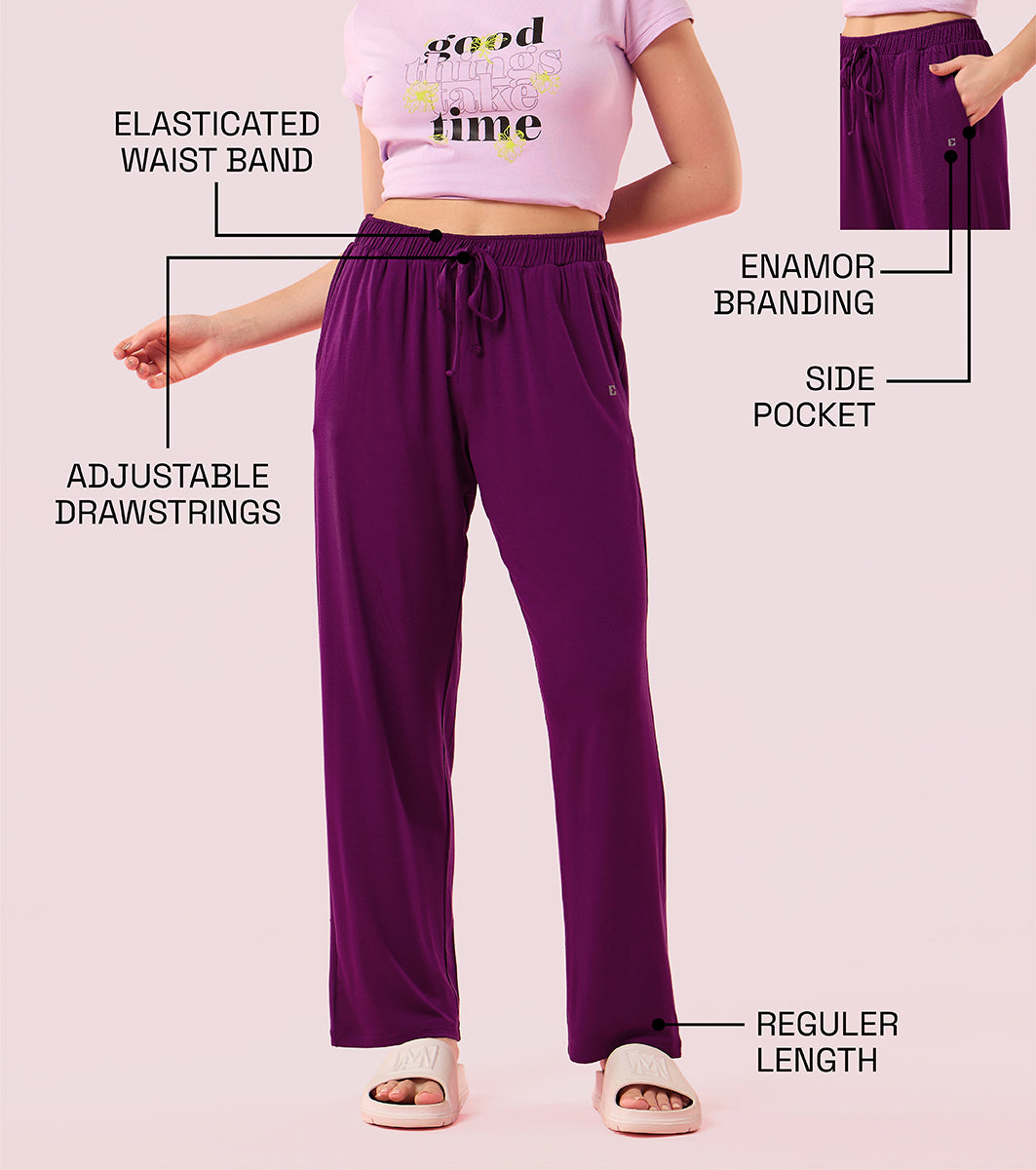 Enamor E404 Women's Home Pant - Relaxed Fit, Mid Rise, Regular Length, Straight Leg - Dark Purple