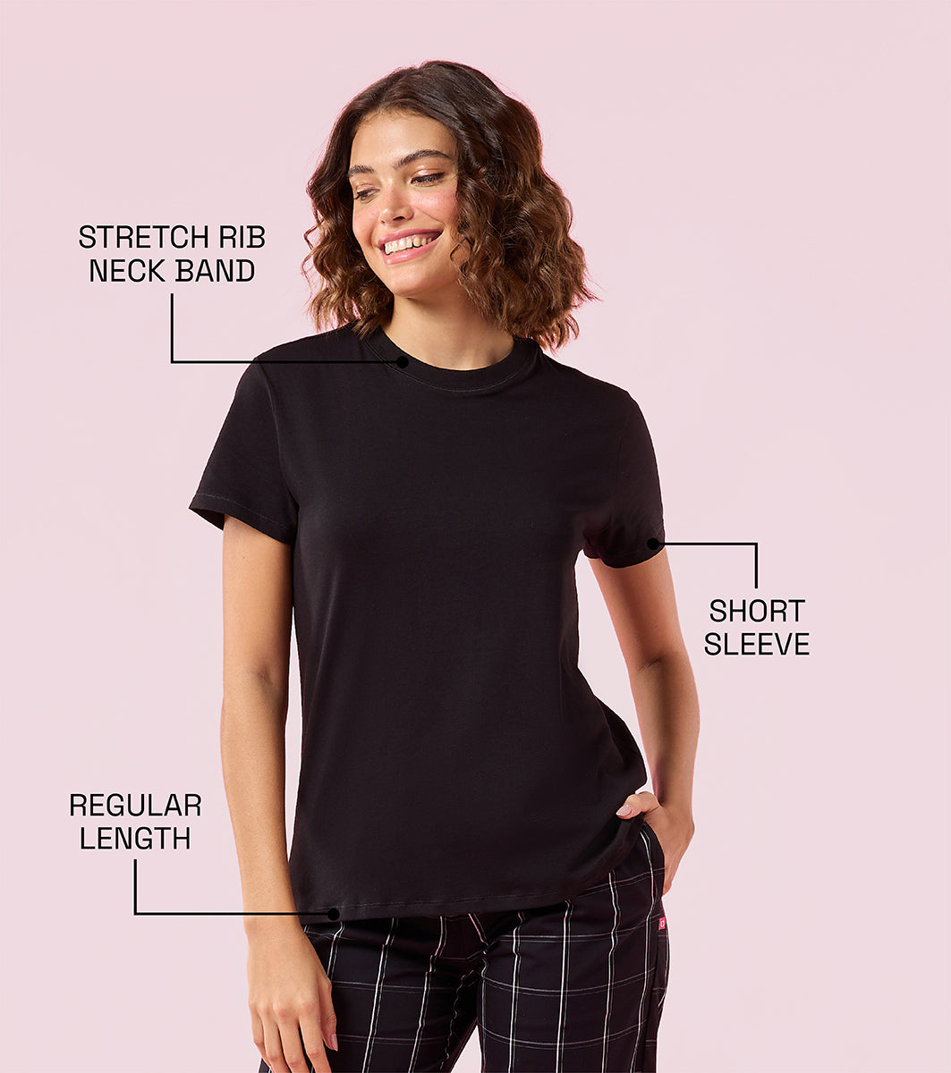 Enamor E311 Women Relaxed Fit Crew Neck Basic Stretch Cotton T-Shirt - Jet Black