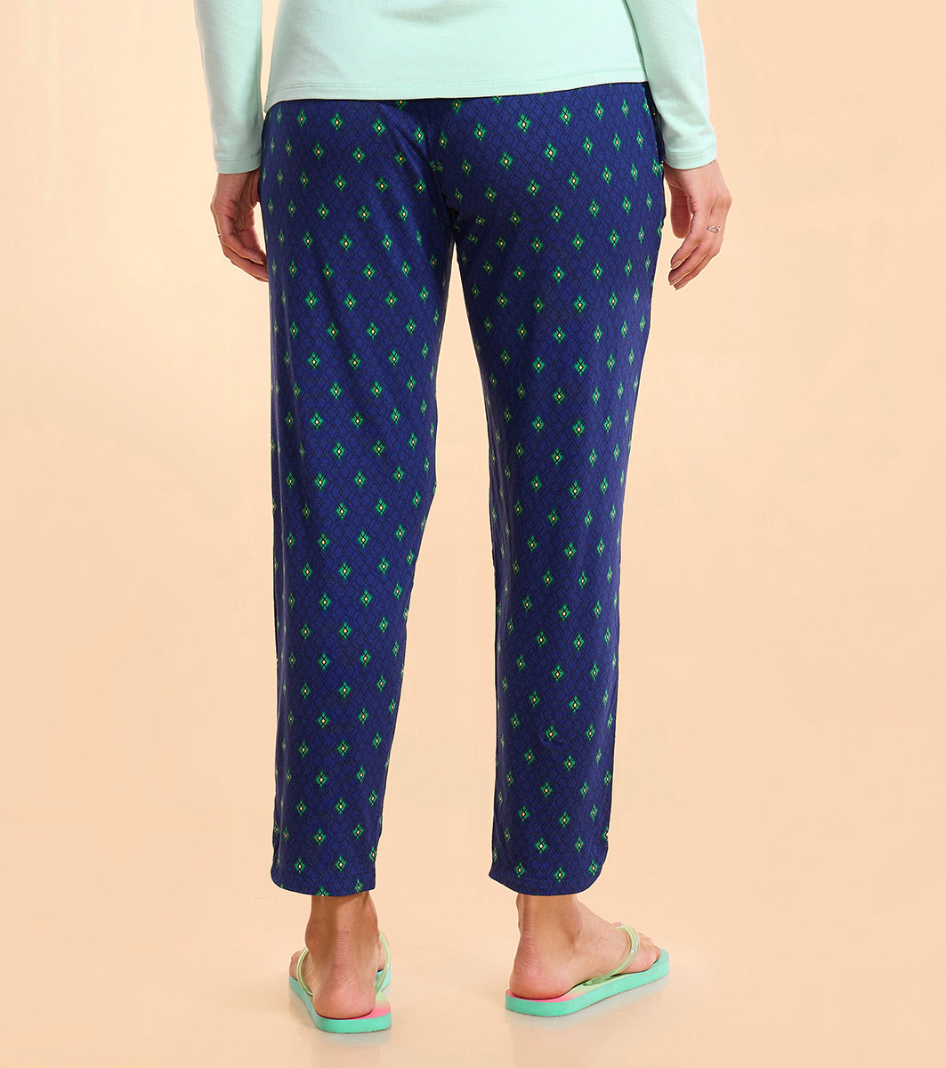 Enamor Essentials E048 Printed Tapered Lounge Pants With Self Fabric Drawstring With Metal Ends