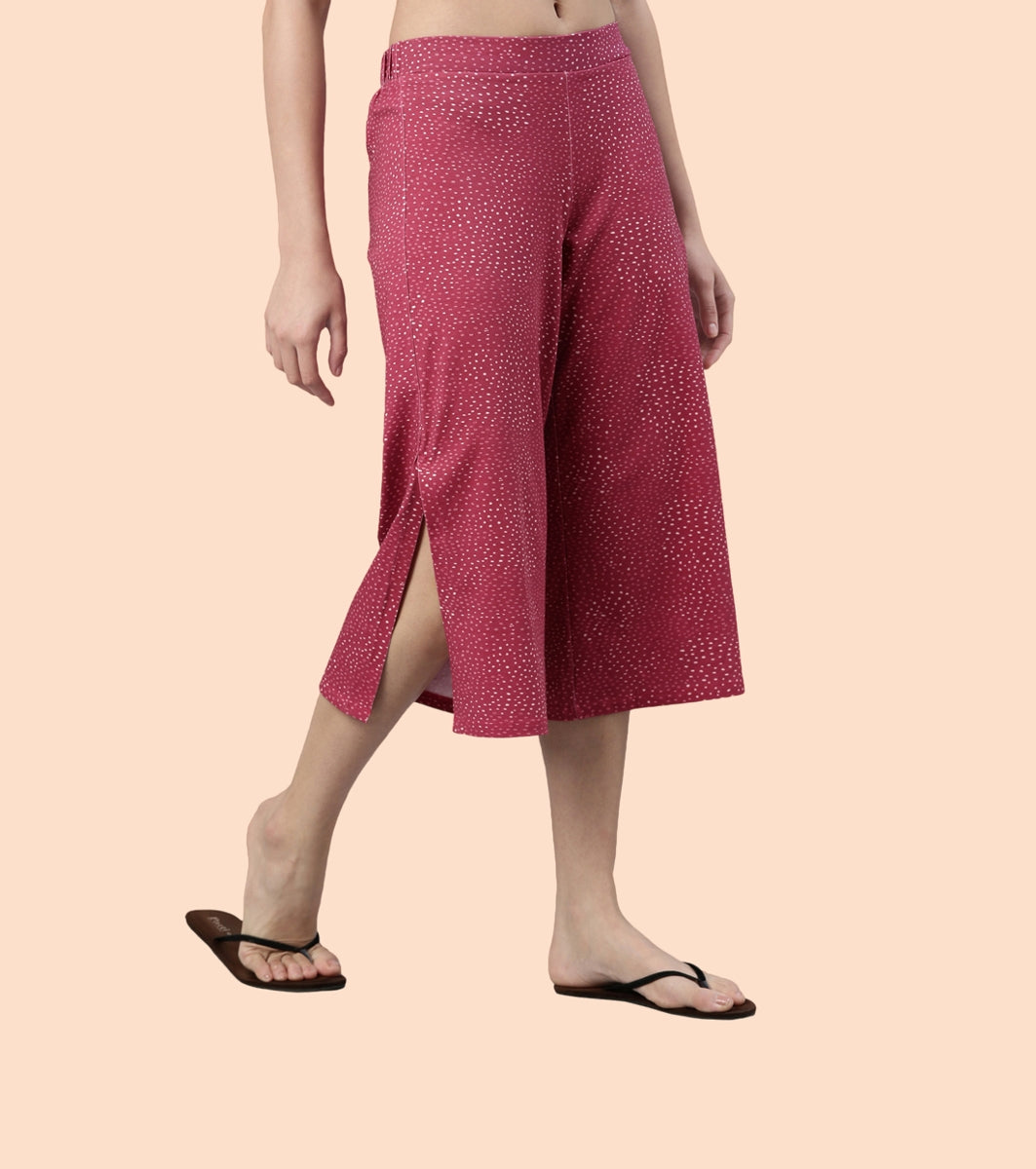 Enamor Culotte Pants For Women | Crop Length Culottes With Smart Side Slits | Black Pixie Aop