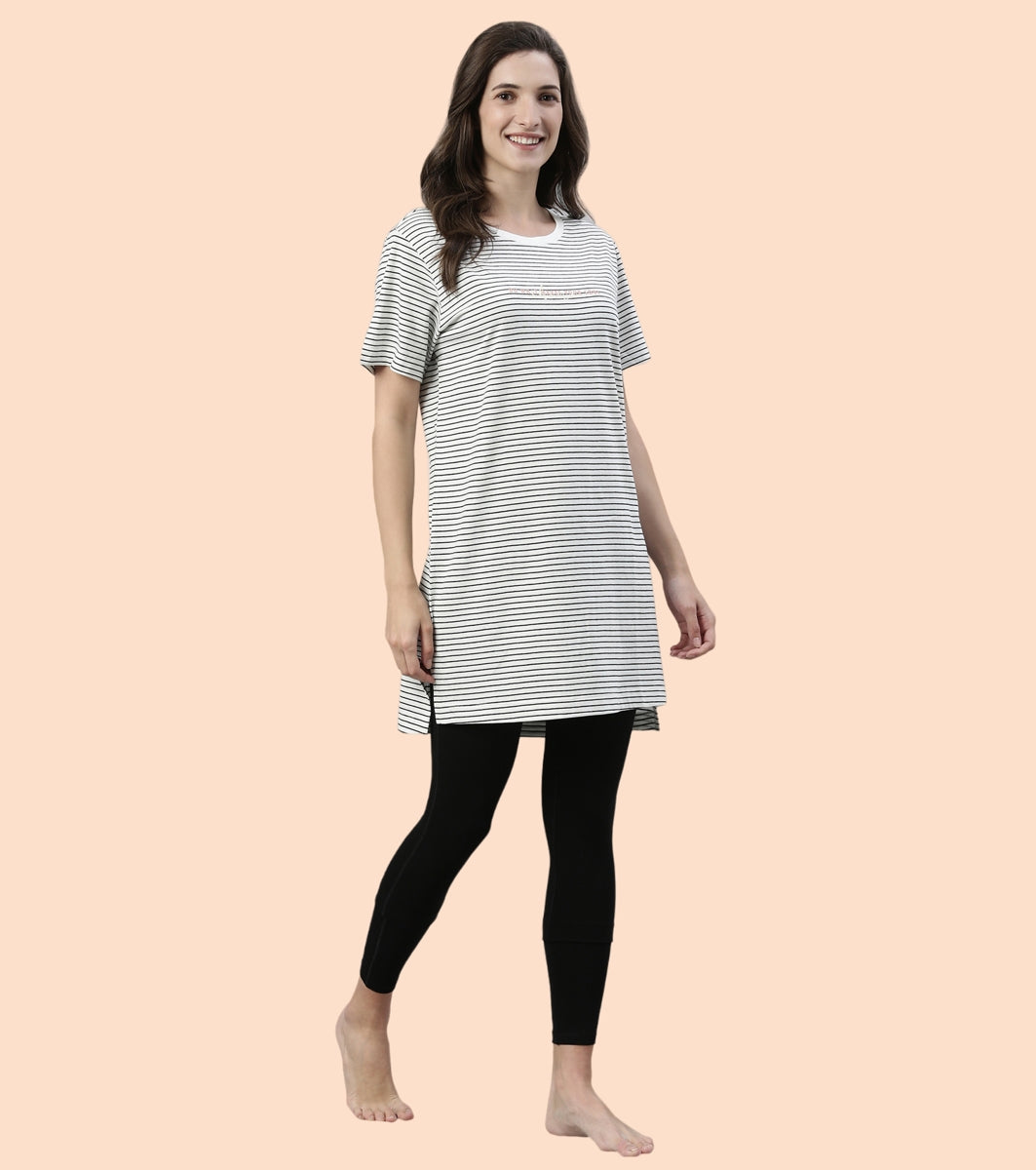 Tunic Tee – Stripes | Short Sleeve Tunic Tee With Side Slit & Mindful Graphic