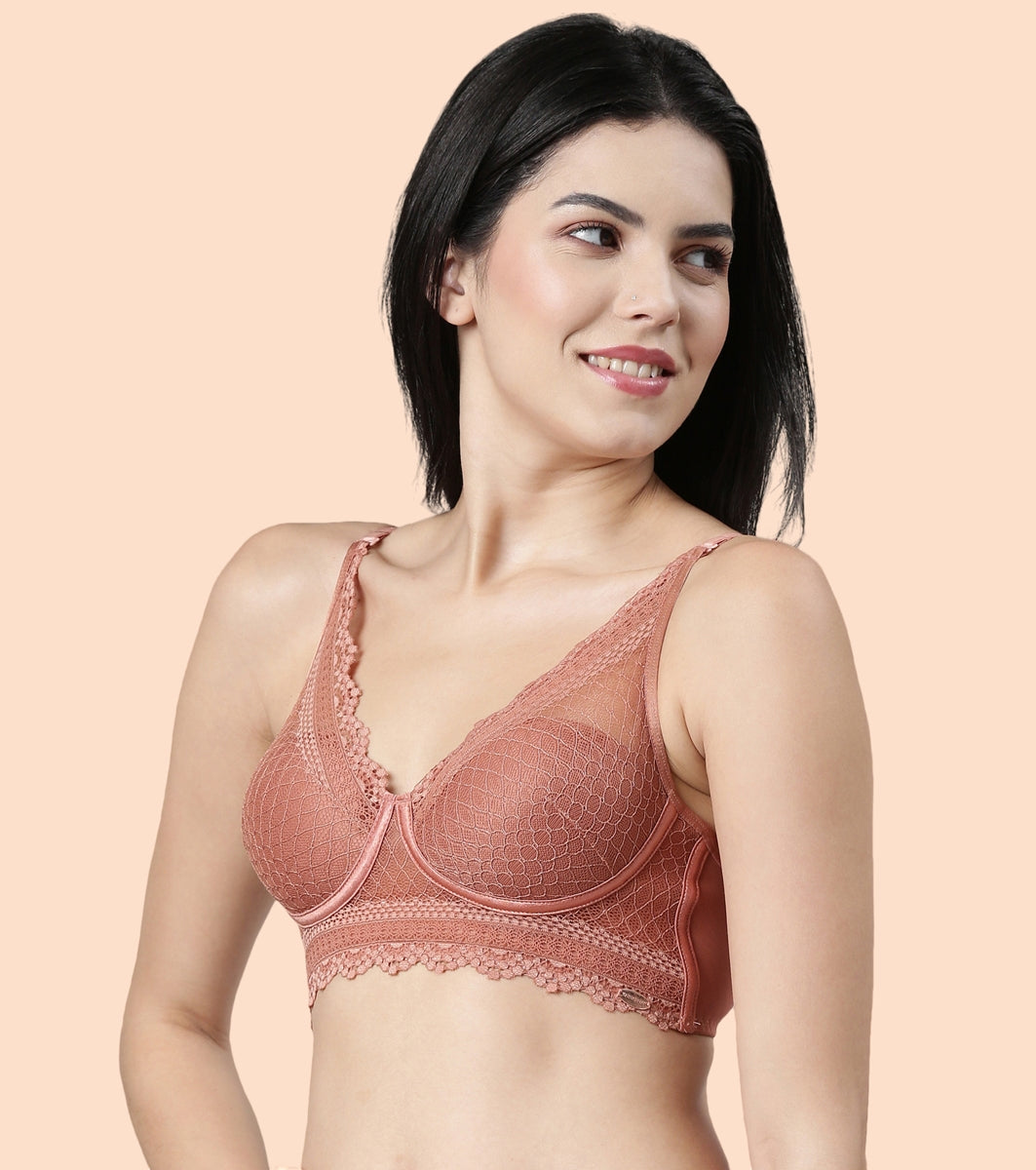 Enamor Pure Ease F125 Longline Comfort Lace Bra for Women - Padded, Wirefree and High Coverage