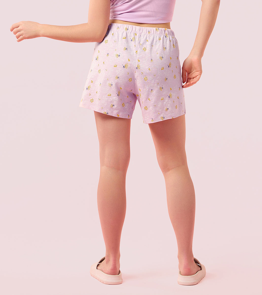 Enamor E062 Women Basic Shorts - Mid-Thigh Length Jersey Shorts With Pockets - Lavender Flower Bloom Prt