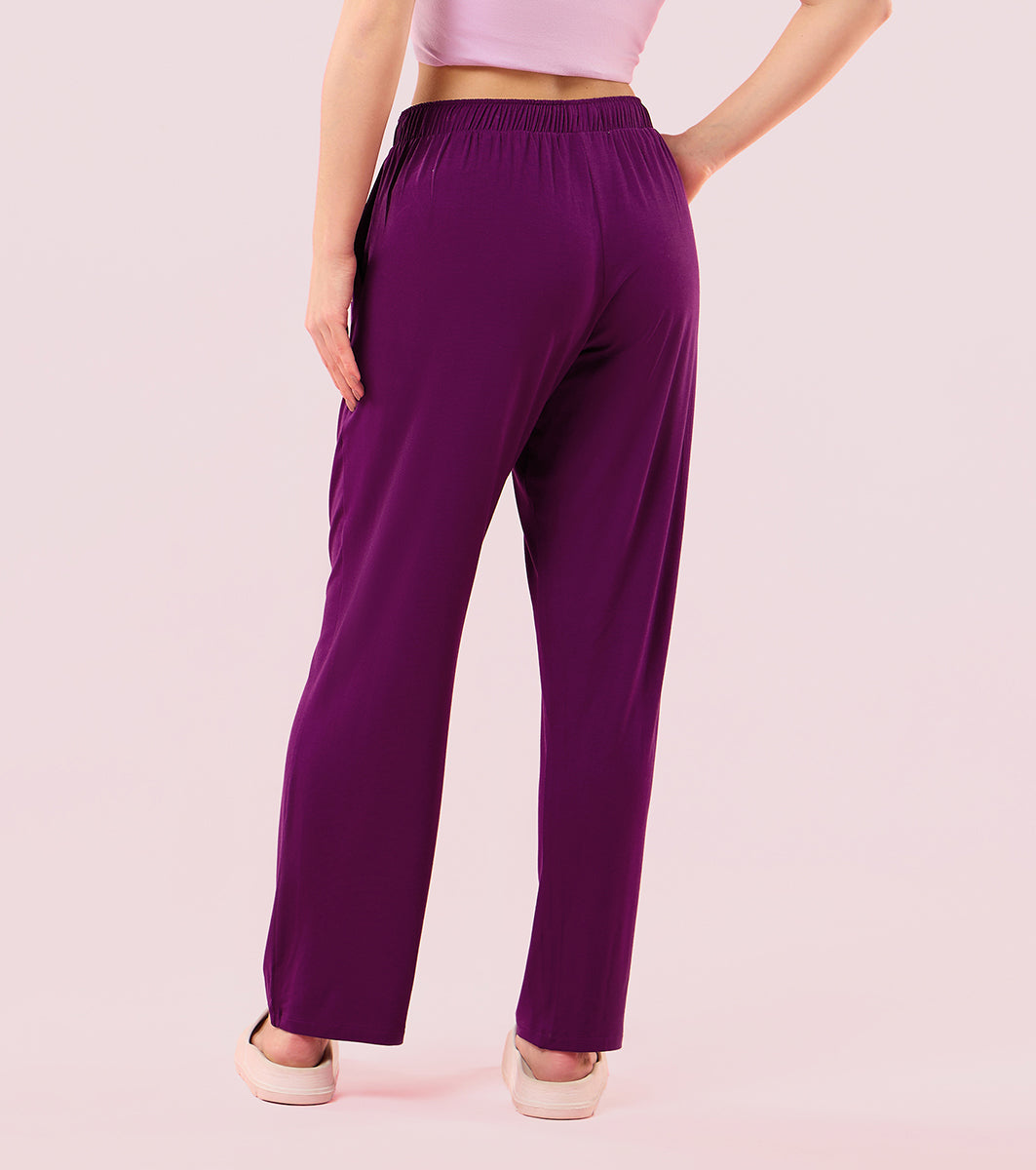 Enamor E404 Women's Home Pant - Relaxed Fit, Mid Rise, Regular Length, Straight Leg - Dark Purple